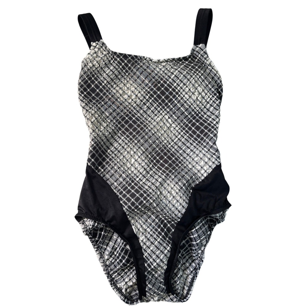 Jantzen Vintage 90s Plaid‎ Puckered One Piece Swimsuit Black White Womens 8